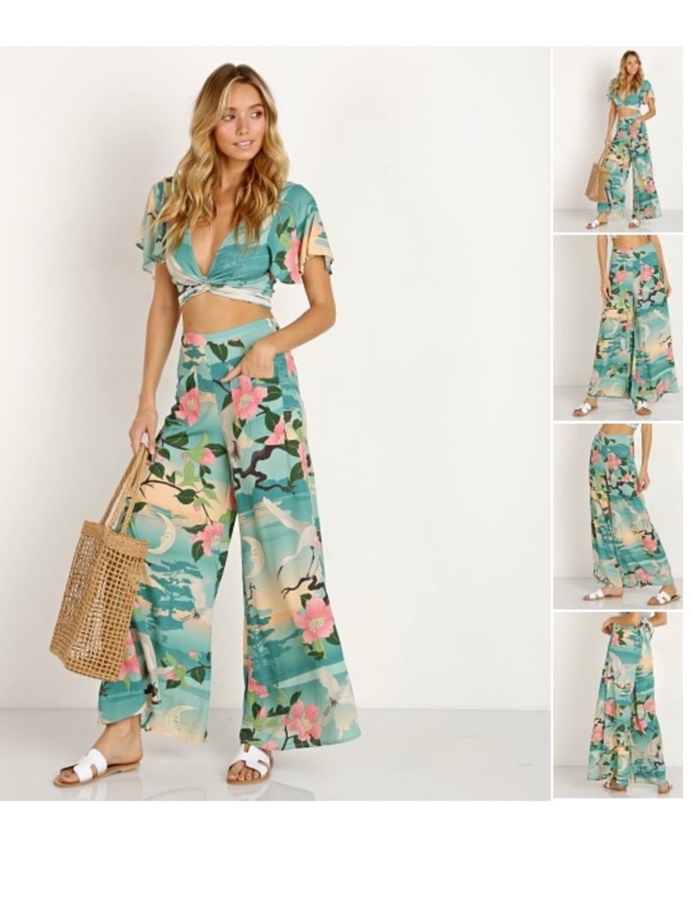 Spell Teal Floral Wide-Leg Jumpsuit Pants